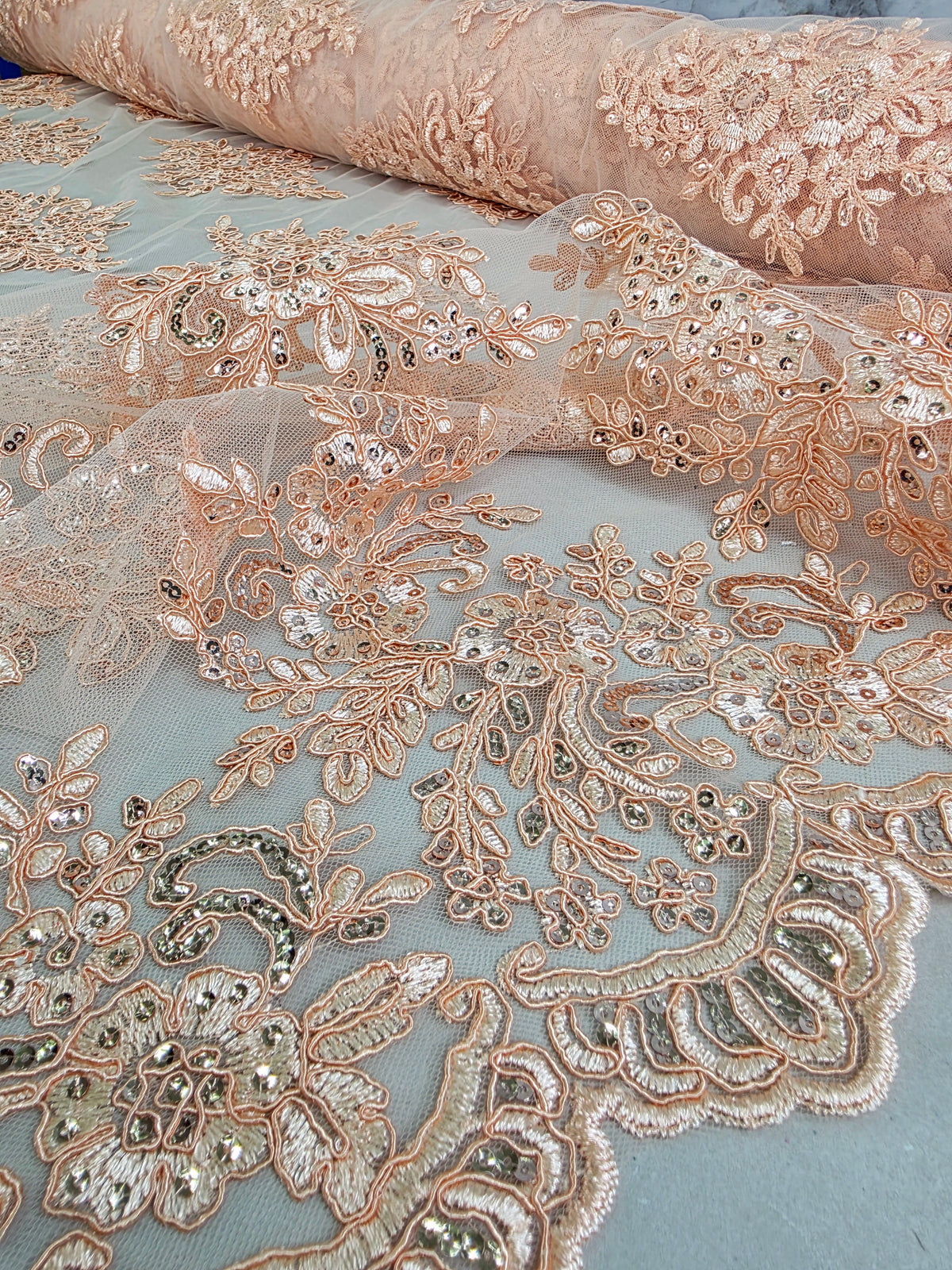 Tul Bordado Con Diseño Floral Con Lentejuela HH039 ideal para vestidos de noche de boda y de XV años – tela por metro Ceremonia Textil