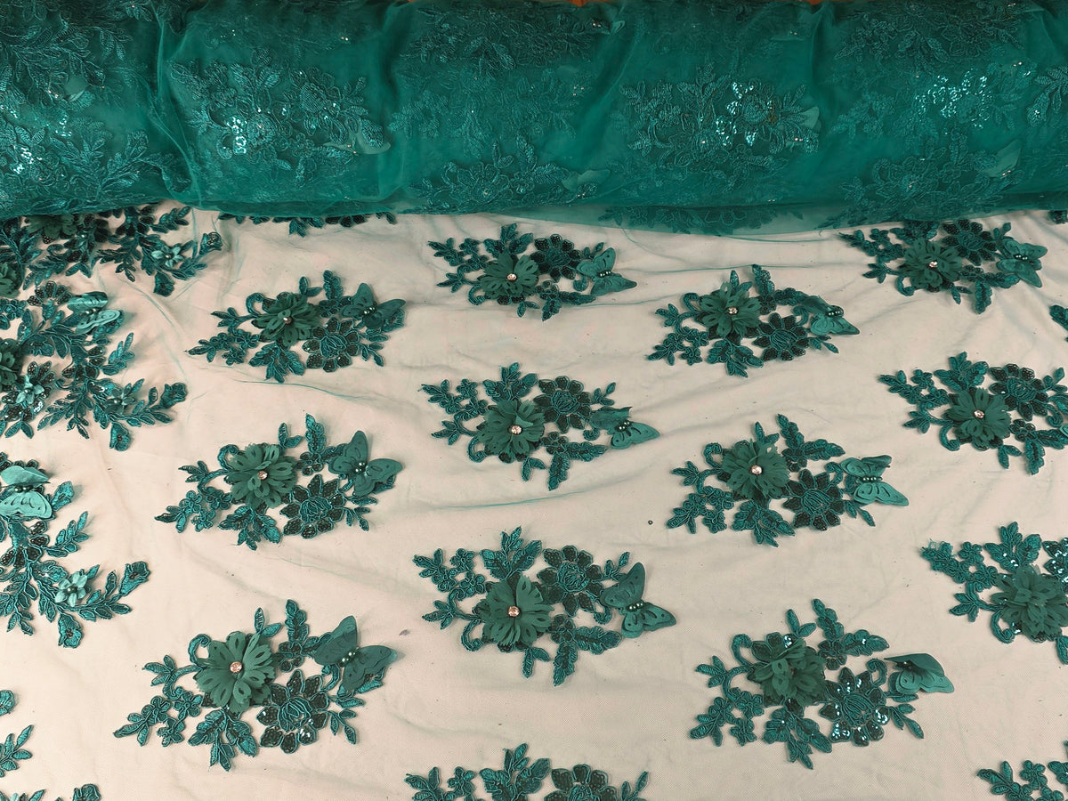 Tul Bordado Con Floral 3D, Mariposas, Pedrería, Lentejuela Y Perlas HH157 ideal para vestidos de noche de boda y de XV años – tela por metro Ceremonia Textil