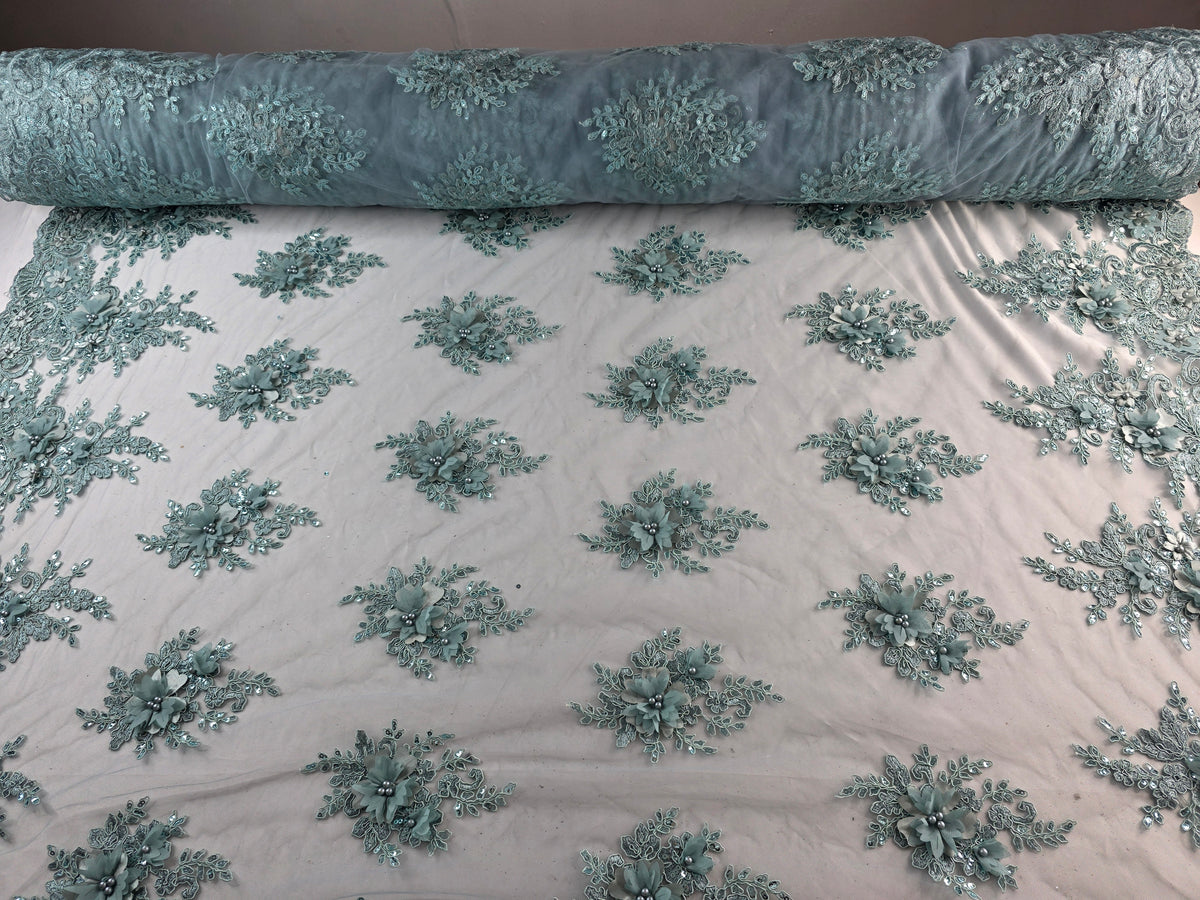 Tul Bordado Con Floral 3D, Lentejuela Y Perlas HH158 ideal para vestidos de noche de boda y de XV años – tela por metro Ceremonia Textil