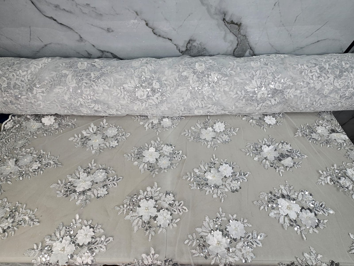 Tul Bordado Con Floral 3D, Lentejuela Y Perlas HH159 ideal para vestidos de noche de boda y de XV años – tela por metro Ceremonia Textil