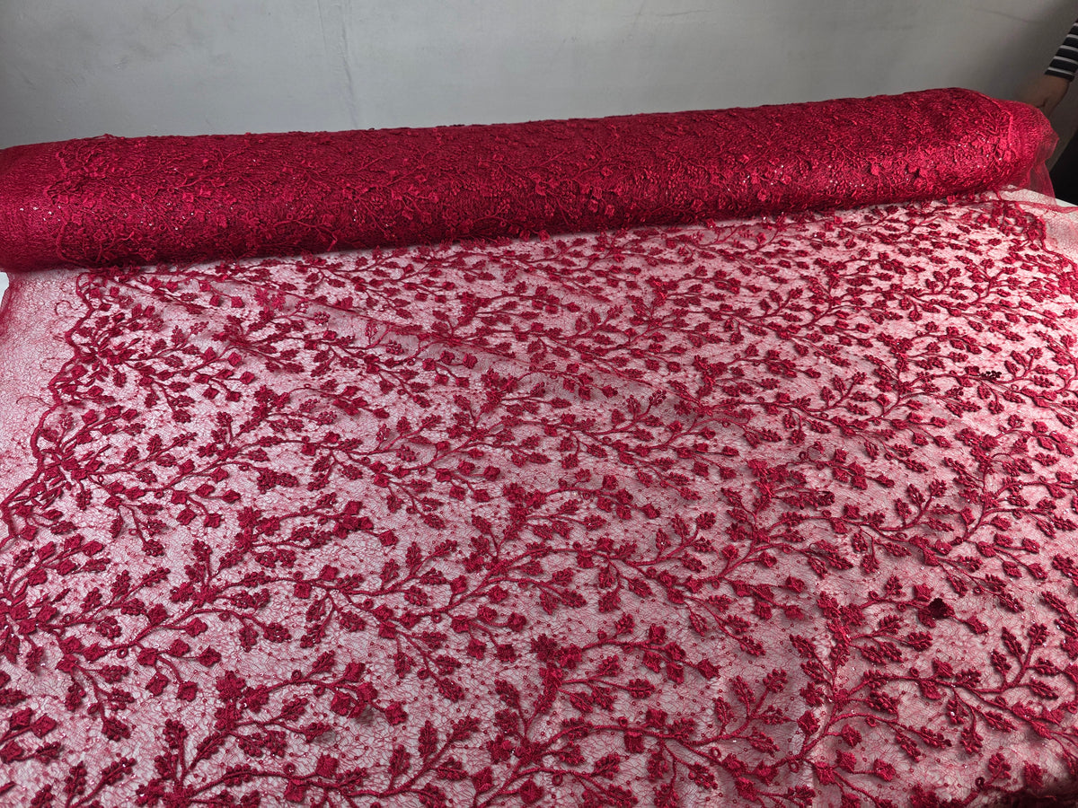 Tul Bordado Con Diseño Floral y Ramas Con Aplicaciones de Lentejuela HH201 ideal para vestidos de noche de boda y de XV años – tela por metro Ceremonia Textil