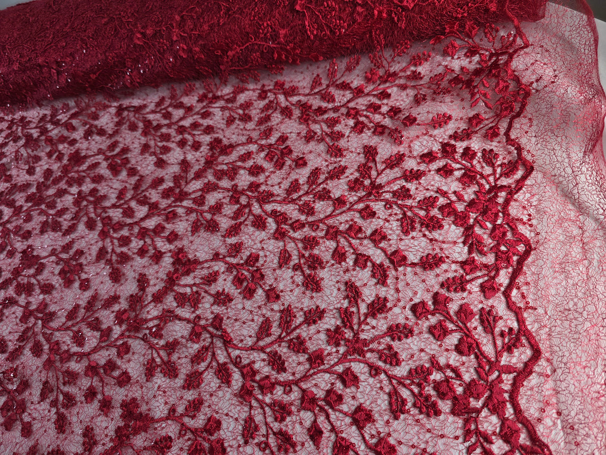 Tul Bordado Con Diseño Floral y Ramas Con Aplicaciones de Lentejuela HH201 ideal para vestidos de noche de boda y de XV años – tela por metro Ceremonia Textil