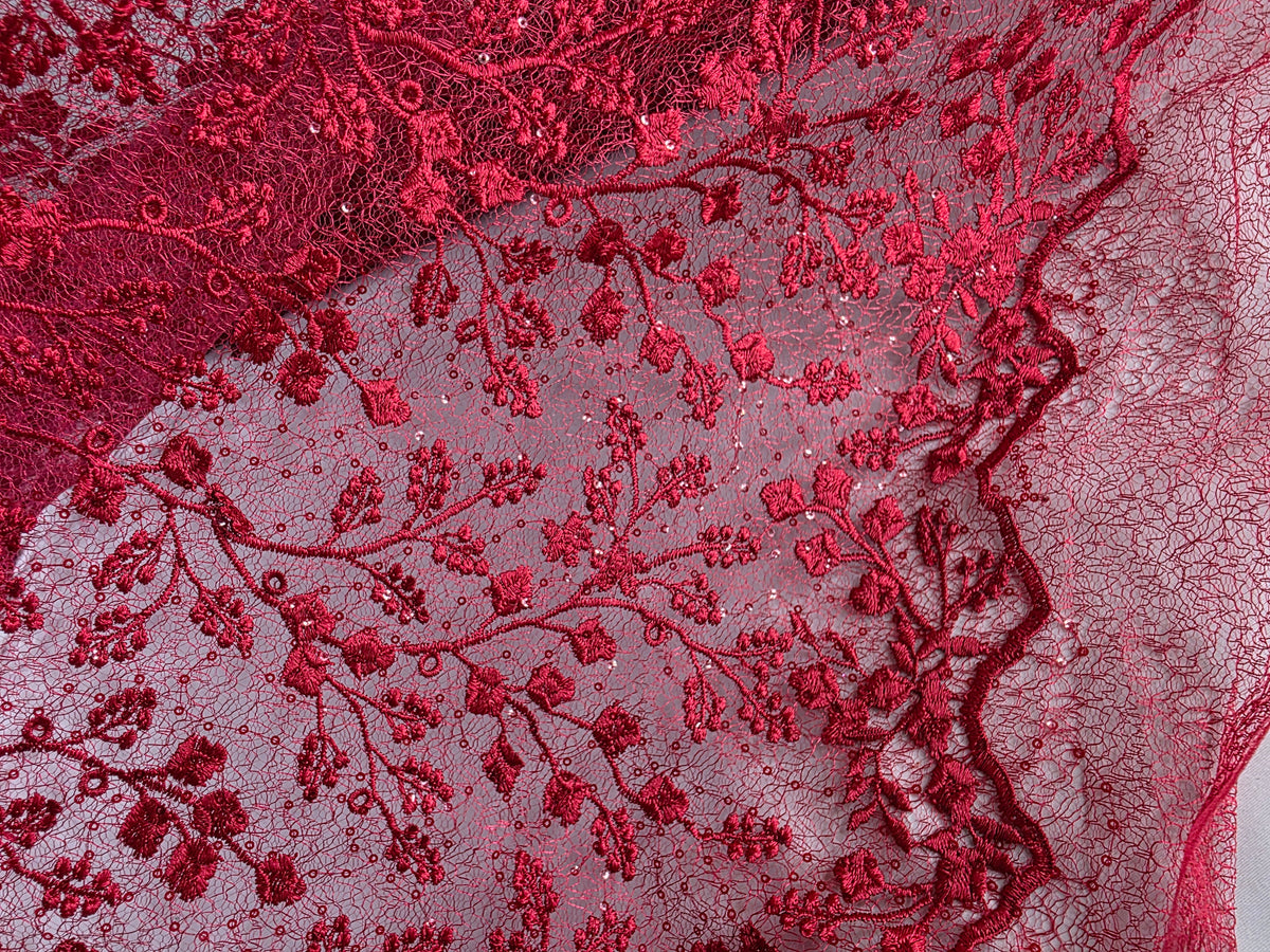 Tul Bordado Con Diseño Floral y Ramas Con Aplicaciones de Lentejuela HH201 ideal para vestidos de noche de boda y de XV años – tela por metro Ceremonia Textil
