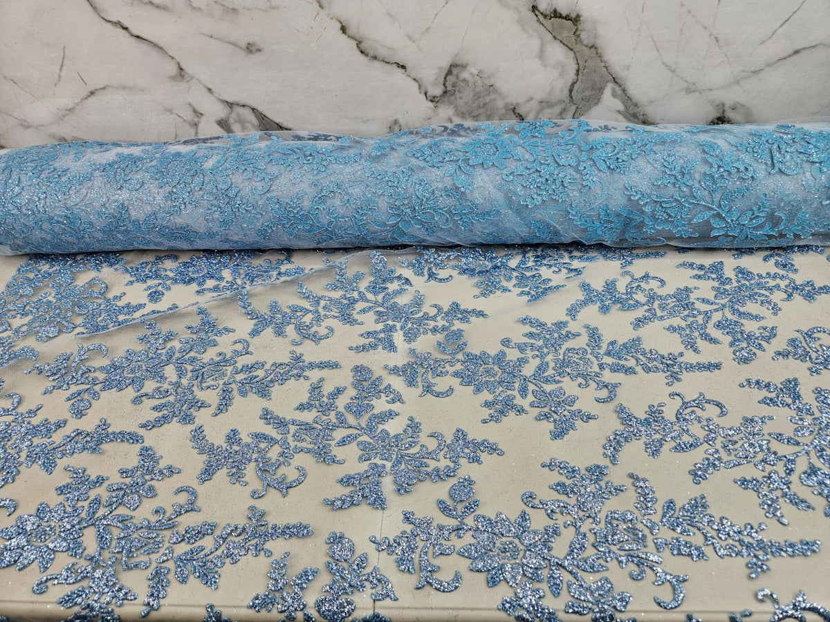 Tul Bordado Con Estampado en Glitter Diseño Floral HH240 ideal para vestidos de noche de boda y de XV años – tela por metro Ceremonia Textil
