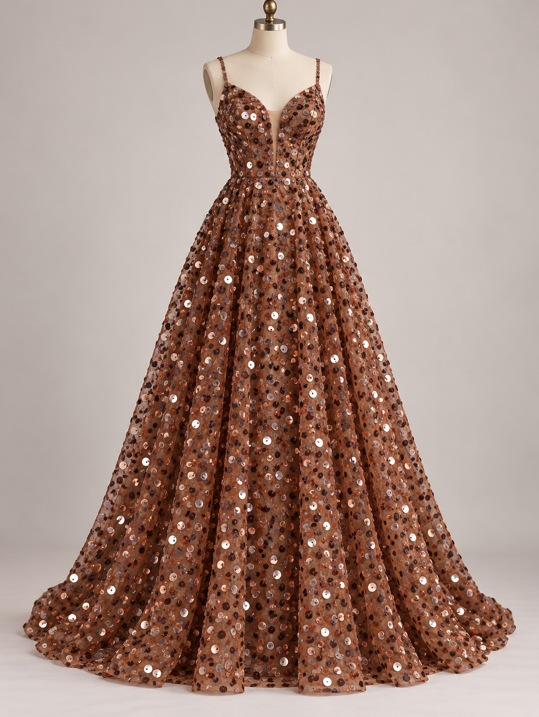 Inspiración de vestido generada con IA: Tul bordado color cobre A789, ideal para vestidos de noche de boda y de XV años; se vende la tela.