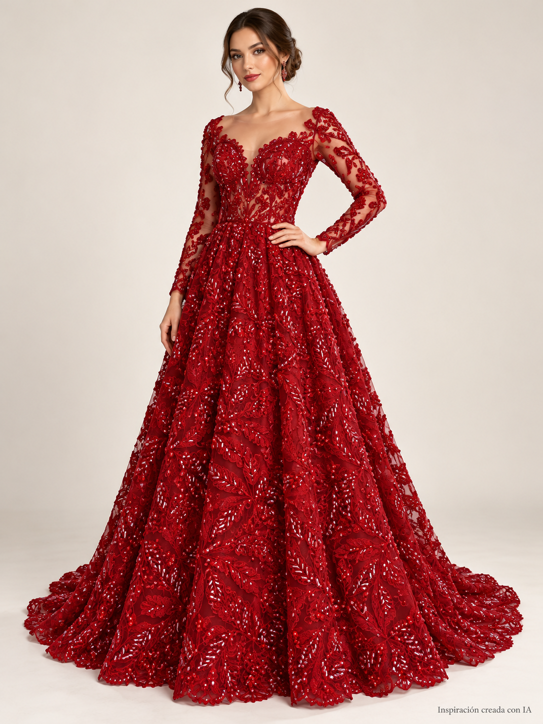 Inspiración creada con IA: Tul bordado color rojo A864, ideal para vestidos de noche de boda y de XV años