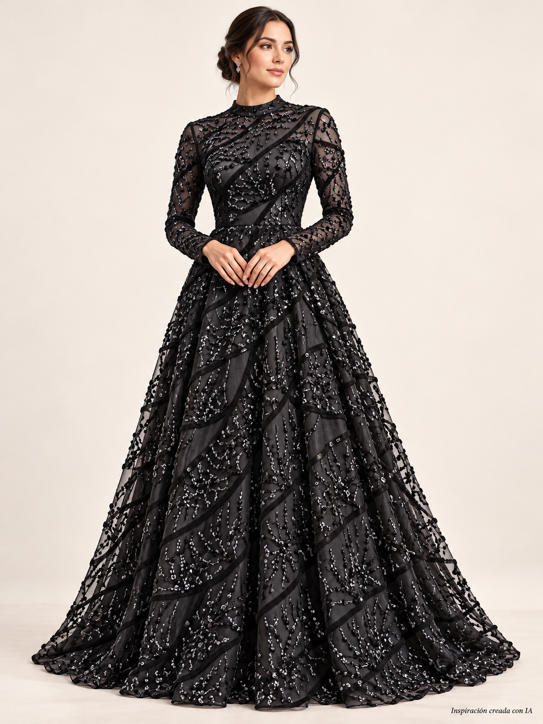 Inspiración creada con IA: vestido con Tul bordado color negro A677