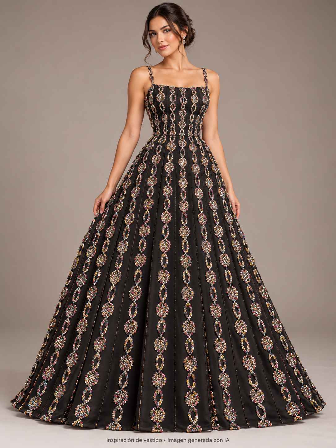 Inspiración de vestido generada con IA: Tul bordado Con Aplicaciones de Pedrería en Línea Color Negro H146, ideal para vestidos de noche de boda y de XV años