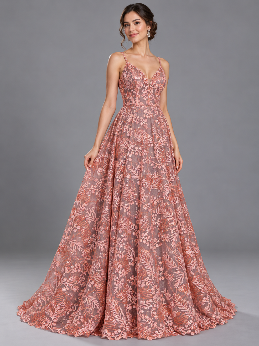 Inspiración de vestido generada con IA: Tul bordado color melon nuevo FR933, ideal para vestidos de noche de boda y de XV años; se vende la tela.