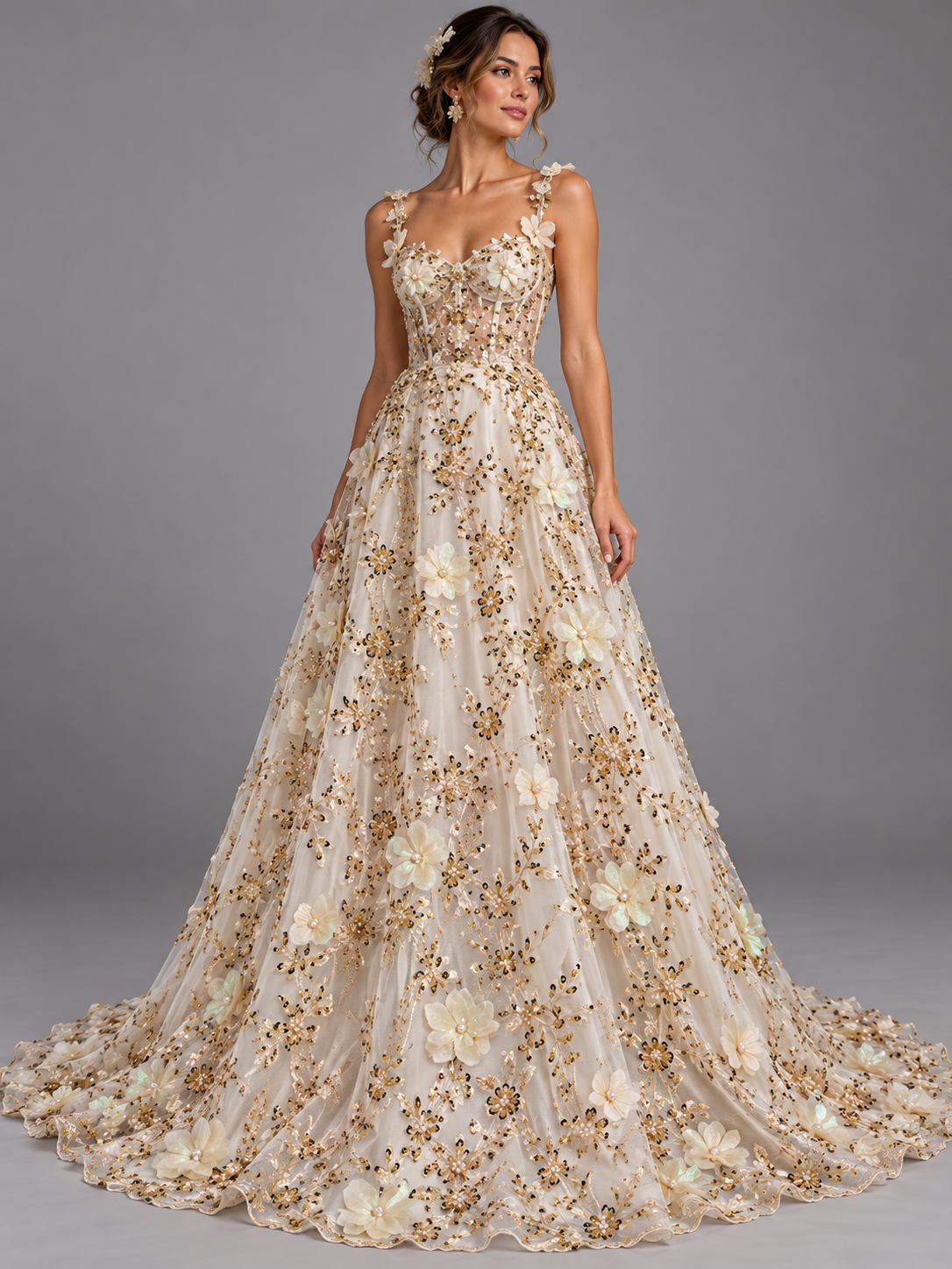 Inspiración de vestido generada con IA: Tul bordado con lentejuela, canutillo y flor y mariposa 3d en tornasol hh237; se vende la tela.