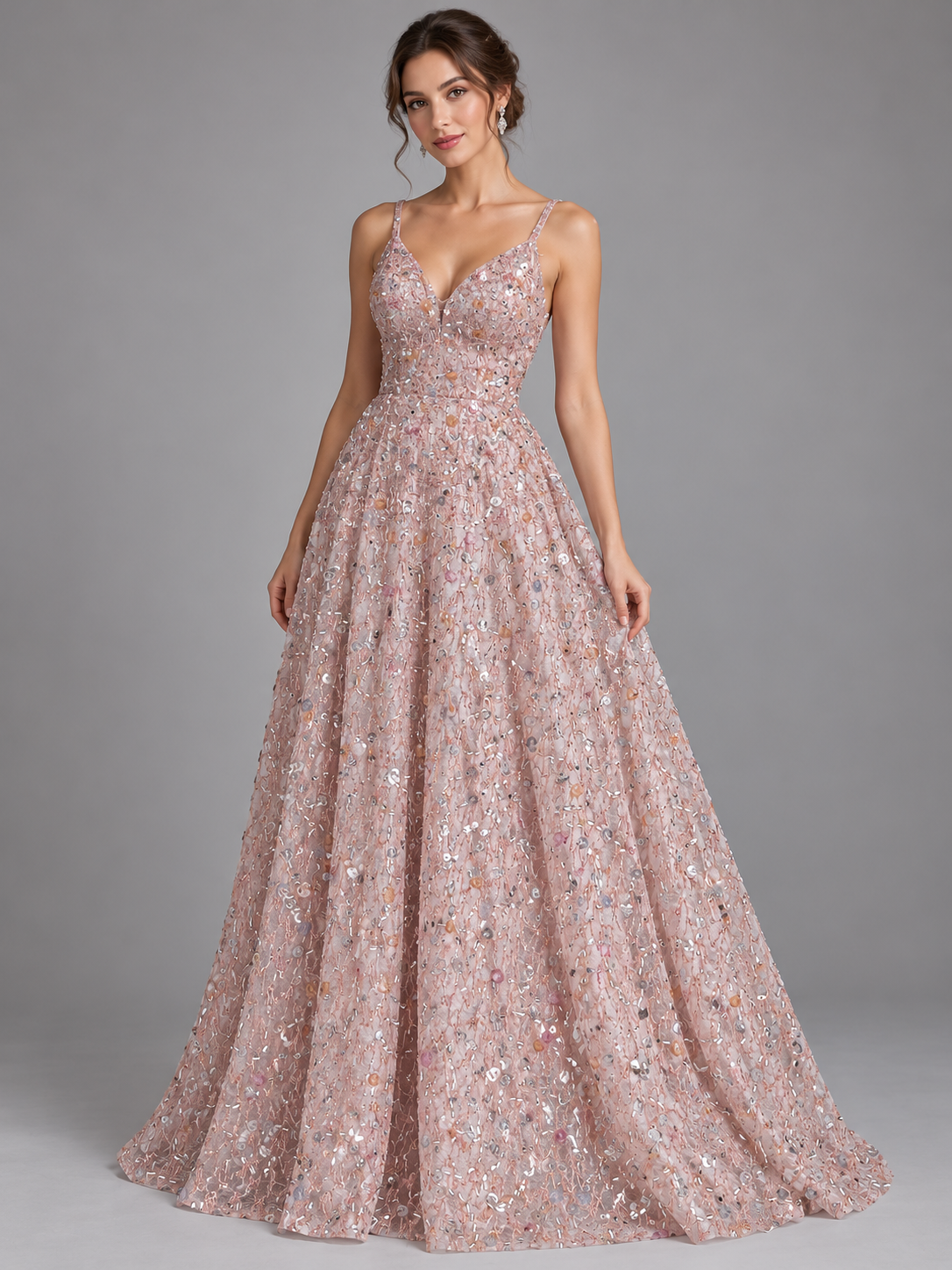Inspiración de vestido generada con IA: Tul bordado color rosa H171, ideal para vestidos de noche de boda y de XV años; se vende la tela.