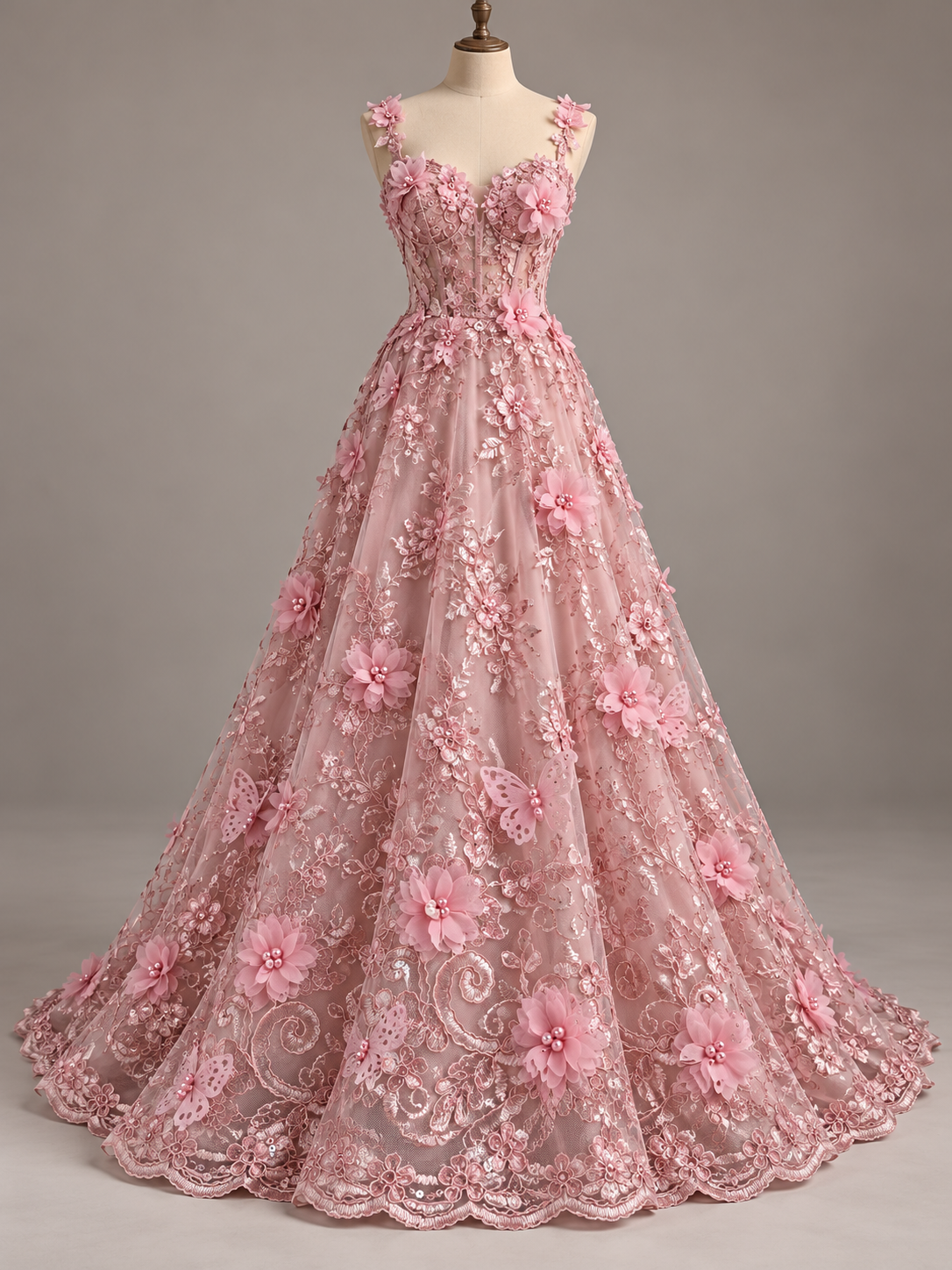 Inspiración de vestido generada con IA: Tul Bordado Con Perlas, Lentejuelas, Mariposas y Flores 3D - HH275; se vende la tela.