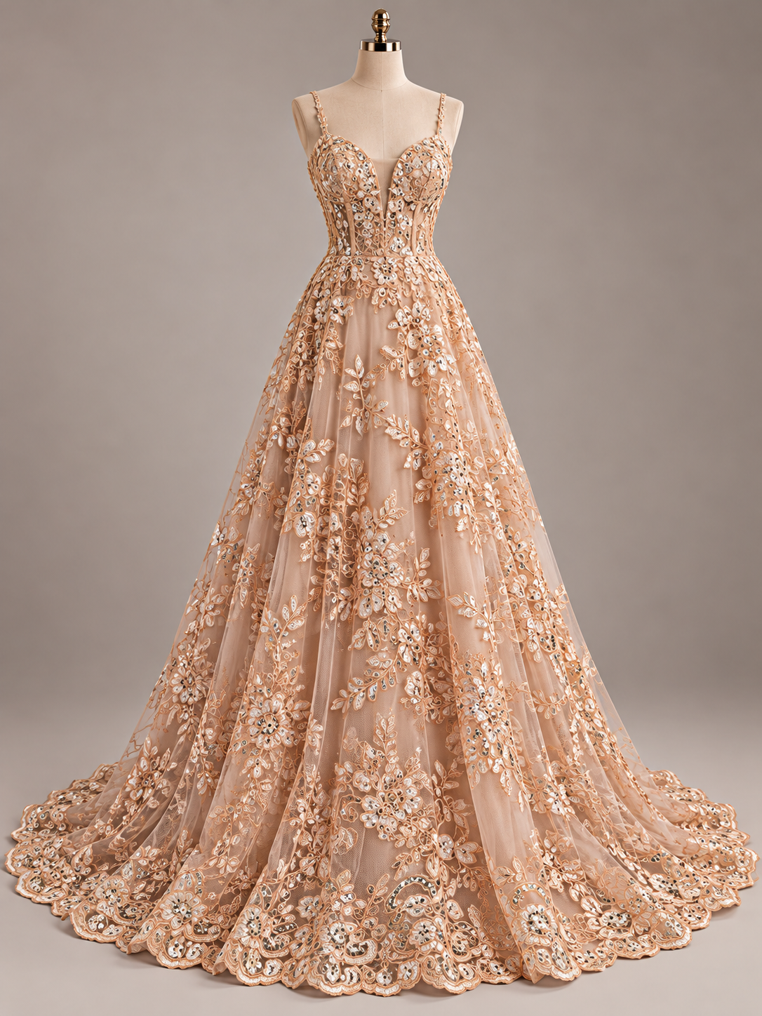 Inspiración de vestido generada con IA: Tul Bordado Con Diseño Floral Con Lentejuela Color Nude - HH039 ideal para vestidos de noche de boda y de XV años; se vende la tela.