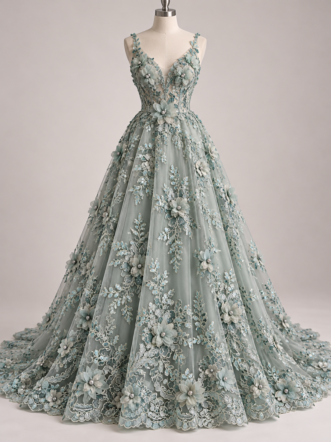 Inspiración de vestido generada con IA: Tul Bordado Con Floral 3D, Lentejuela Y Perlas Color Sage- HH158 ideal para vestidos de noche de boda y de XV años; se vende la tela.