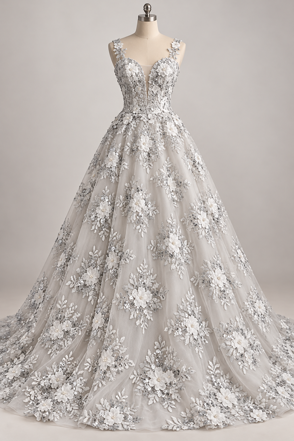 Inspiración de vestido generada con IA: Tul Bordado Con Floral 3D, Lentejuela Y Perlas Color Plata- HH159 ideal para vestidos de noche de boda y de XV años; se vende la tela.