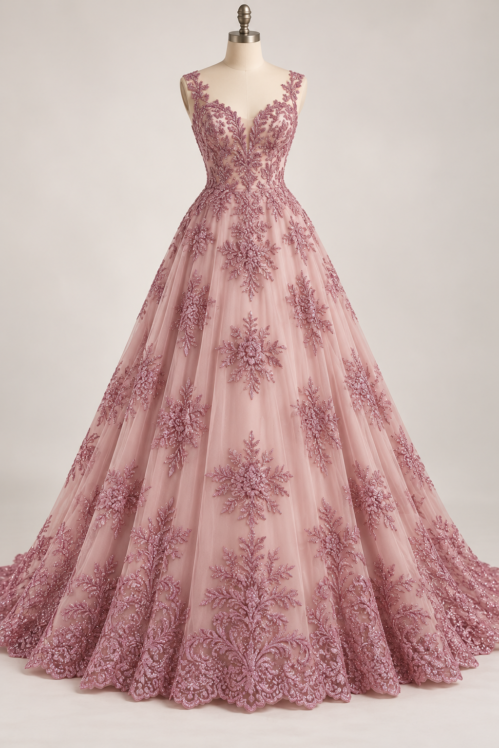 Inspiración de vestido generada con IA: Tul Bordado Con Diseño En Acabado Glitter Color Rosa Piel- HH169 ideal para vestidos de noche de boda y de XV años; se vende la tela.