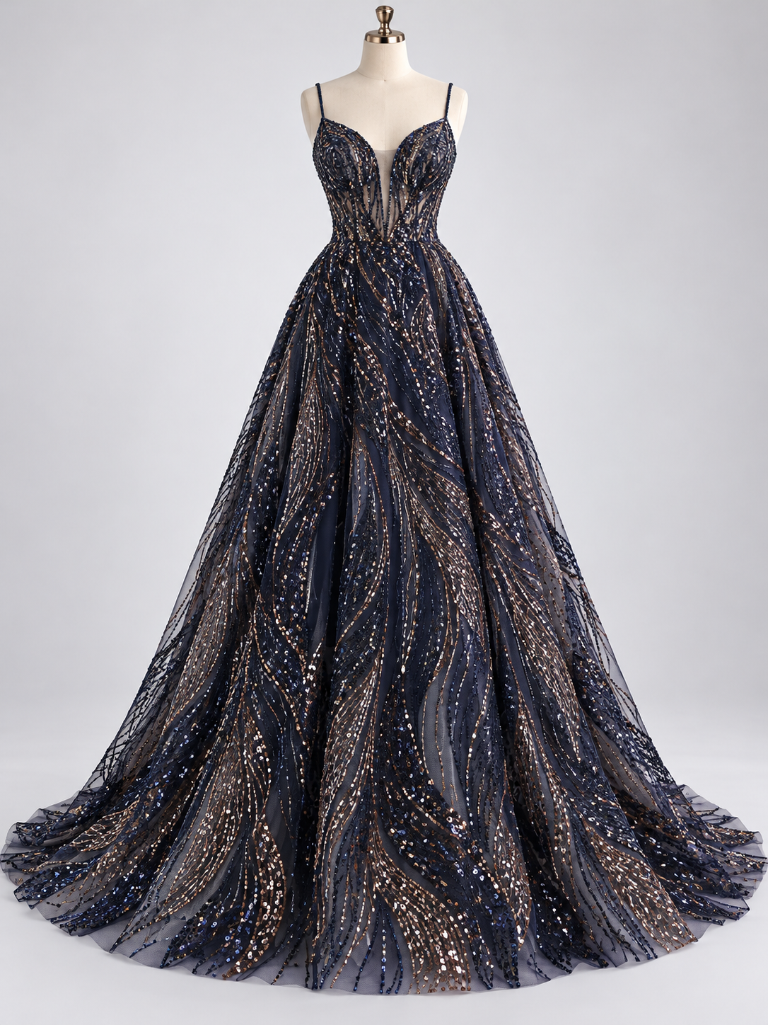 Inspiración de vestido generada con IA: Tul Bordado Con Lentejuela Y Chaquira Color Marino- H170 ideal para vestidos de noche de boda y de XV años; se vende la tela.
