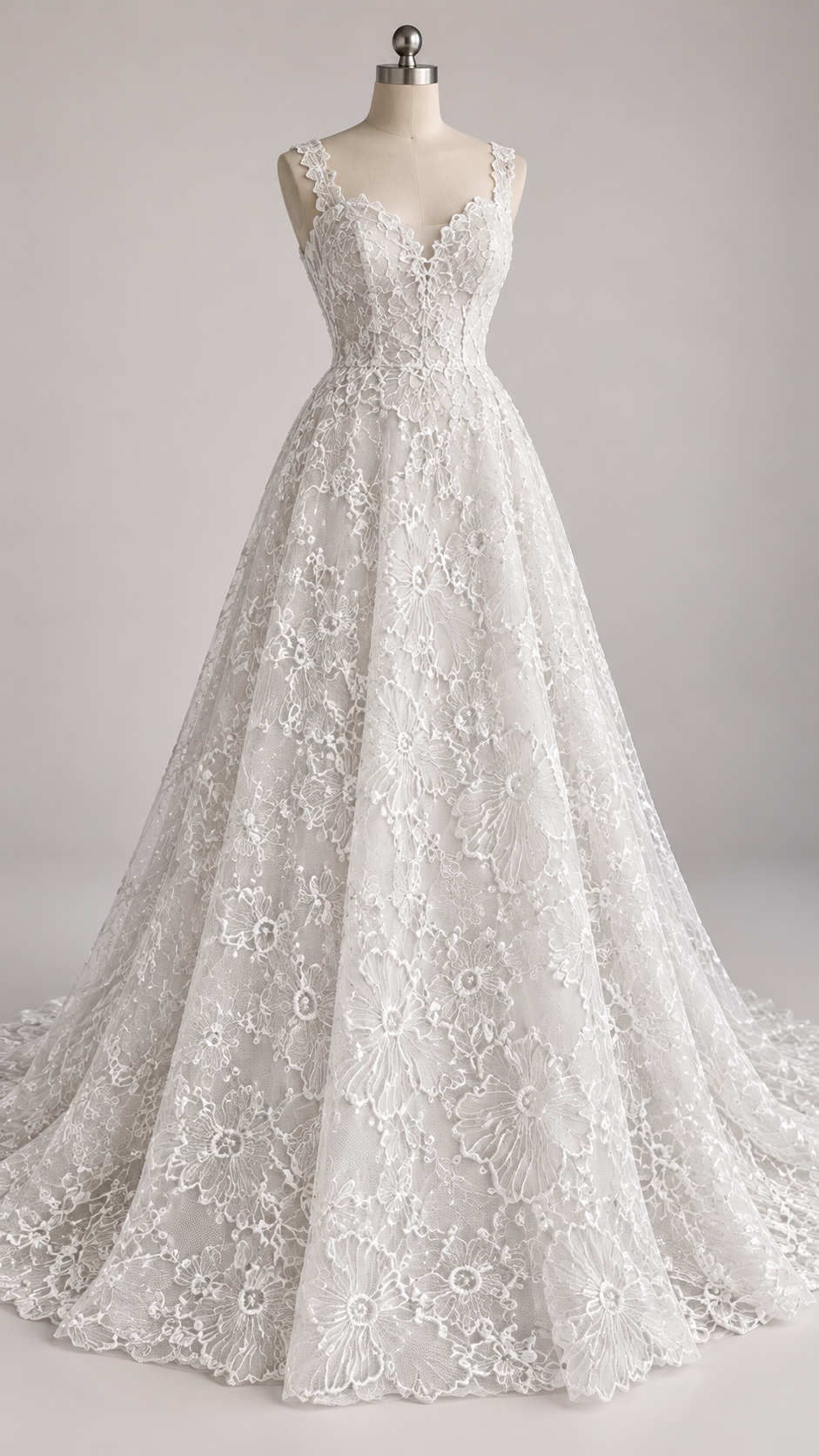 Inspiración de vestido generada con IA: Tul Bordado Con Diseño Floral Color Blanco- HH173 ideal para vestidos de noche de boda y de XV años; se vende la tela.
