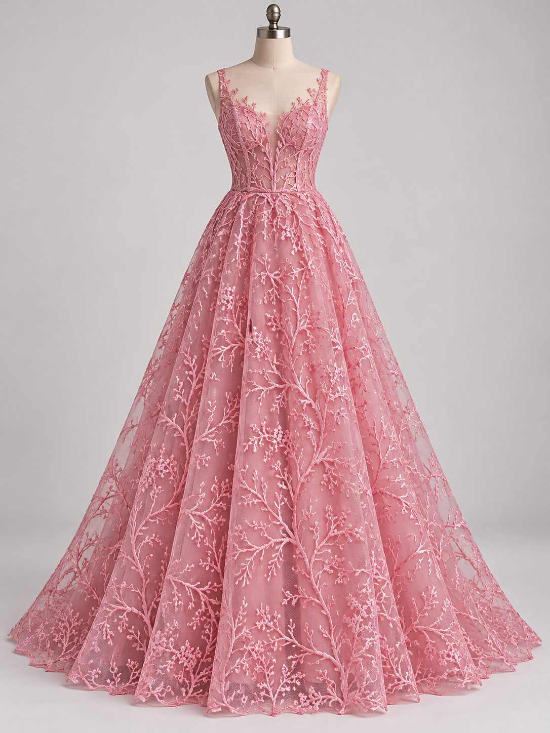 Inspiración de vestido generada con IA: Tul Bordado Diseño Floral Con Ramajes Color Rosa -HH175 ideal para vestidos de noche de boda y de XV años; se vende la tela.