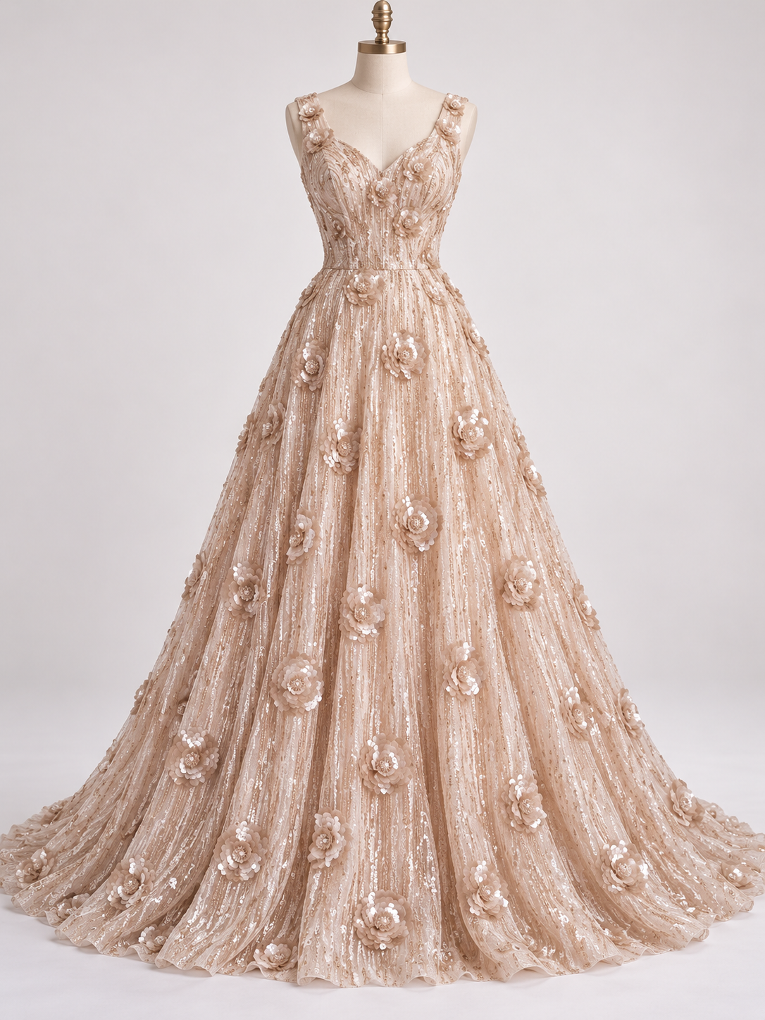Inspiración de vestido generada con IA: Tul Bordado Diseño Floral Con Lentejuela Color Oro -HH179 ideal para vestidos de noche de boda y de XV años; se vende la tela.