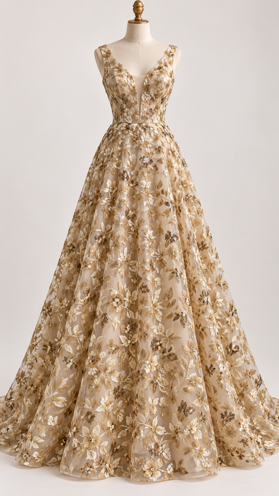 Inspiración de vestido generada con IA: Tul Bordado Diseño Floral Con Lentejuela Color Oro-HH195 ideal para vestidos de noche de boda y de XV años; se vende la tela.