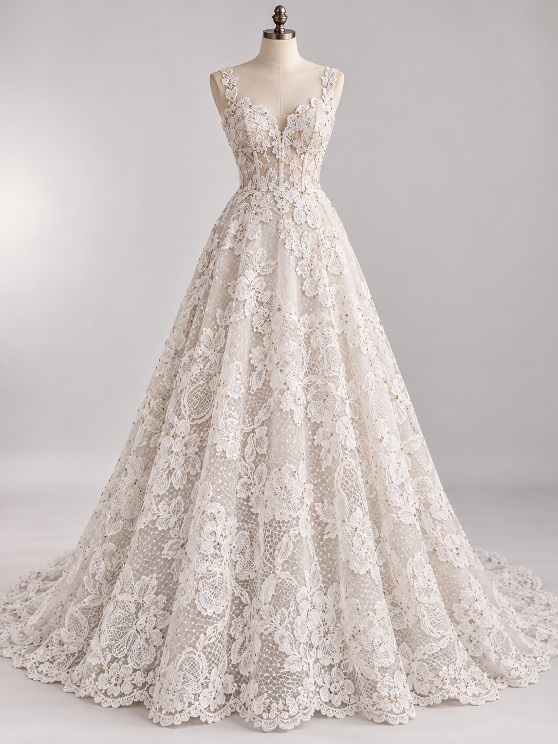 Inspiración de vestido generada con IA: Tul Bordado Floral Con Lentejuelas Oro Color Hueso -HH214 ideal para vestidos de noche de boda y de XV años; se vende la tela.