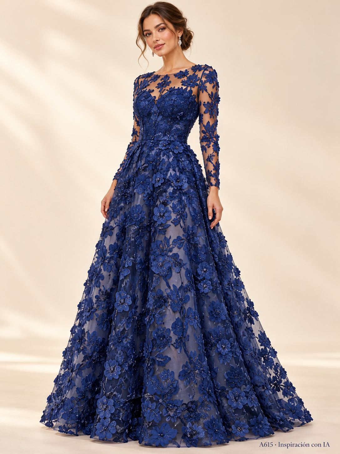 A615 azul marino · Inspiración con IA · 7739629502542. Ilustración de vestido basada en la fotografía de esta tela. Se vende tela por metro.
