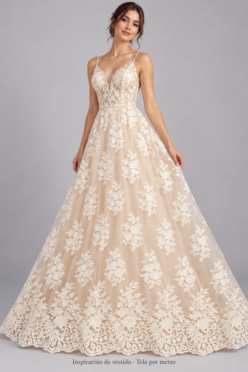A652 hueso · Inspiración de vestido generada con IA. Se vende tela por metro.