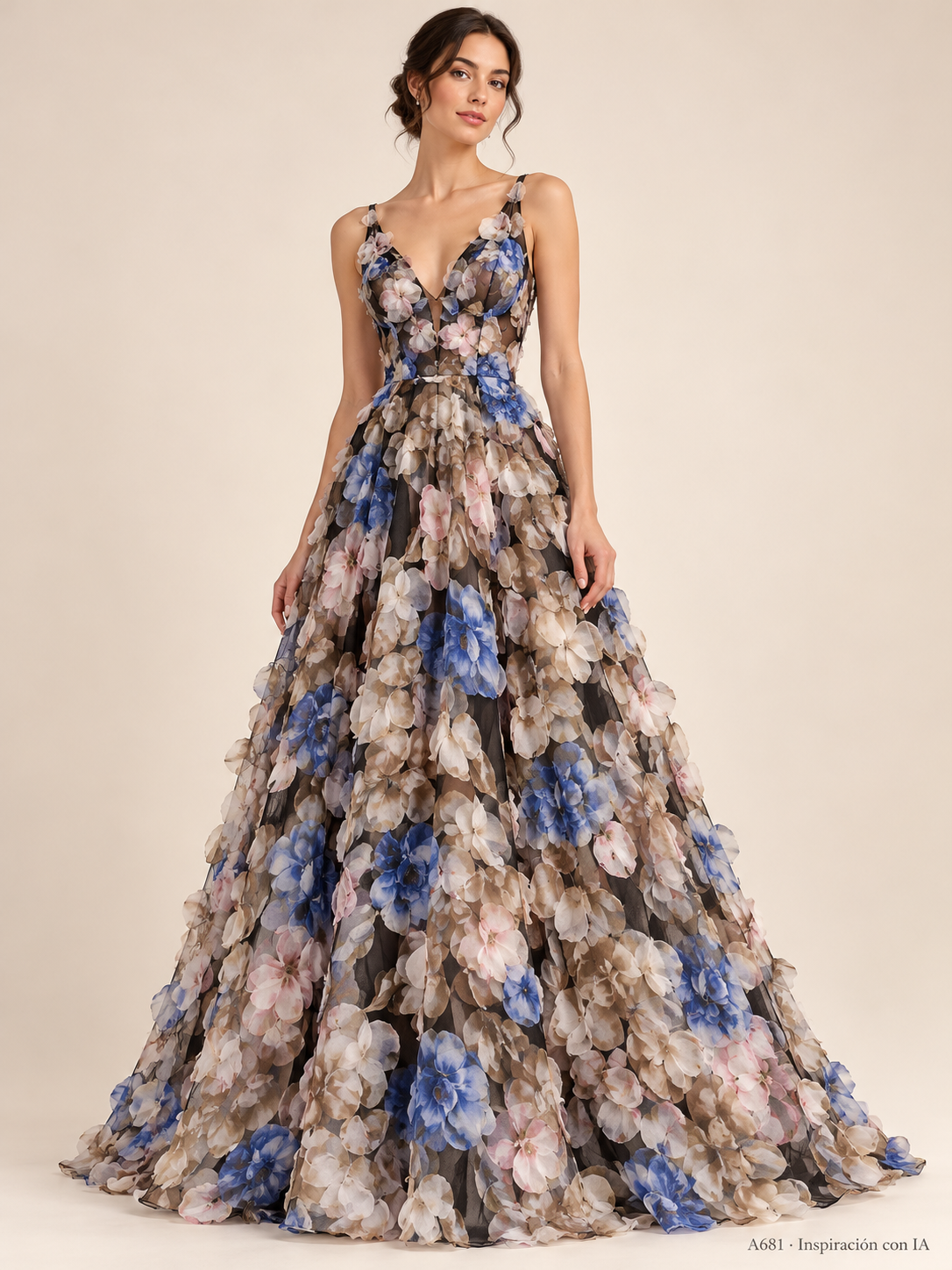 A681: vestido de inspiración con IA basado en la fotografía de esta tela. Se vende tela por metro.