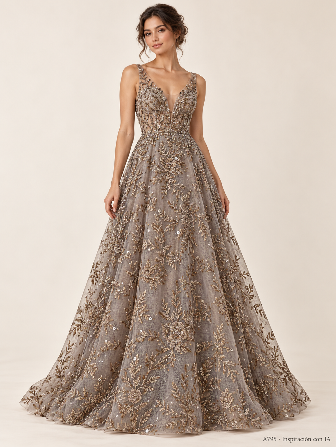 A795 · Inspiración de vestido generada con IA basada en esta tela. Se vende tela por metro.