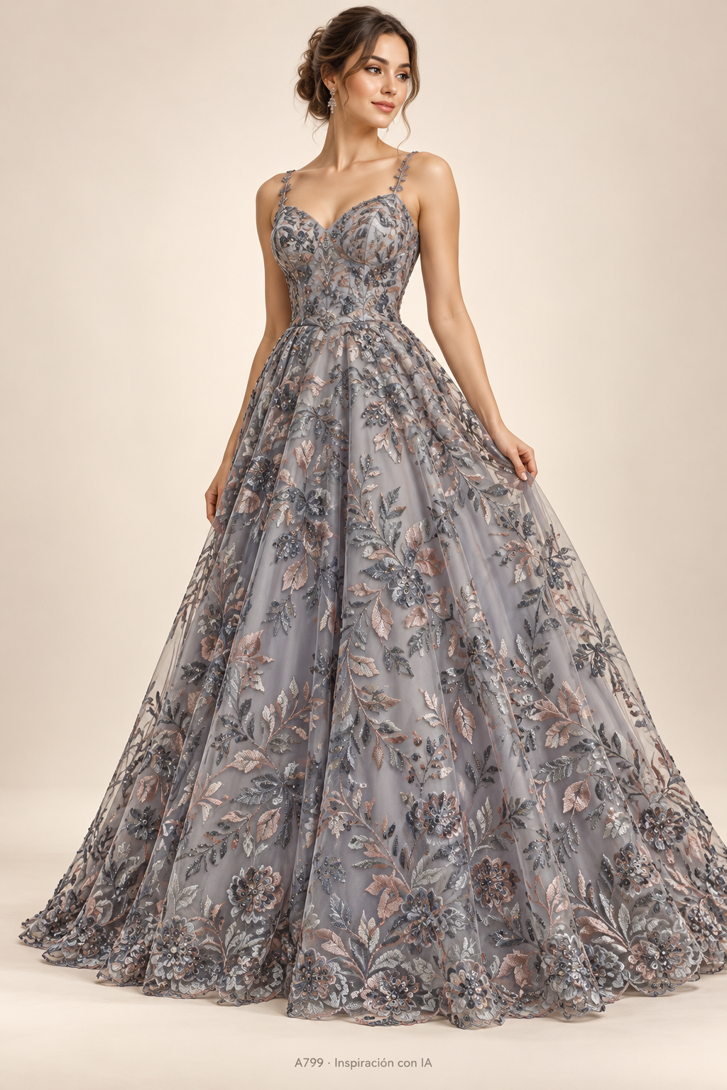 A799 · Inspiración de vestido generada con IA basada en esta tela. Se vende tela por metro.