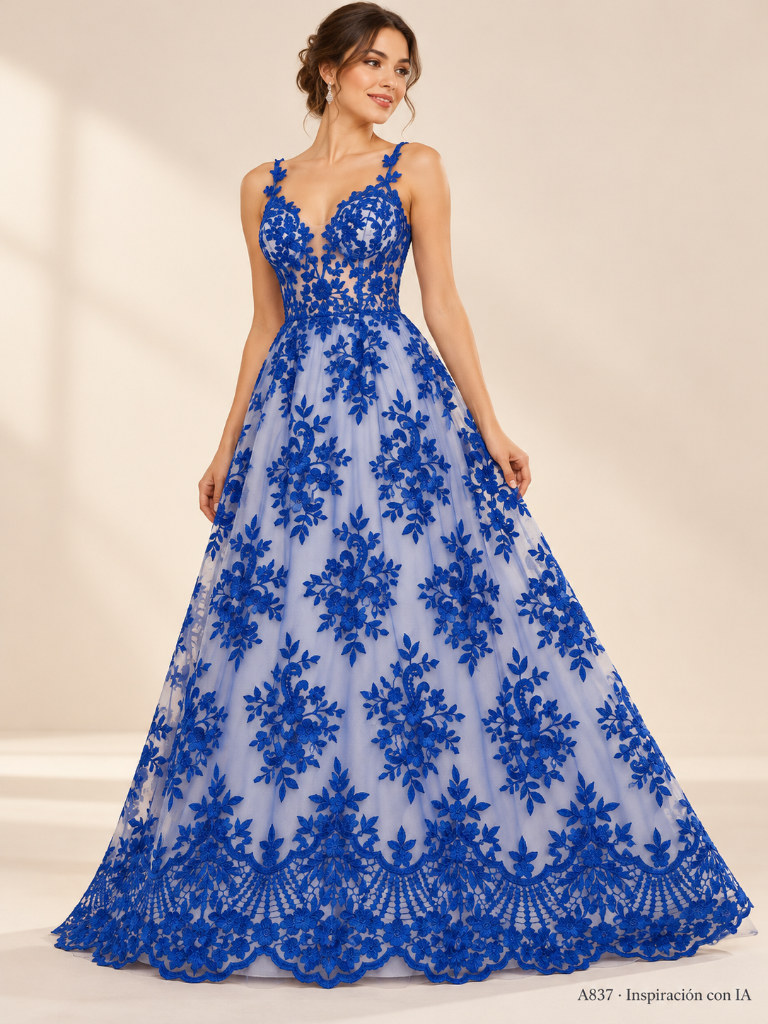 A837 azul rey · Inspiración con IA · 7739635335246. Ilustración de vestido basada en la fotografía de esta tela. Se vende tela por metro.
