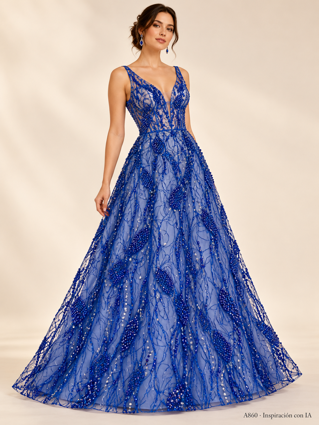 A860 azul rey · Inspiración con IA · 7739635761230. Ilustración de vestido basada en la fotografía de esta tela. Se vende tela por metro.