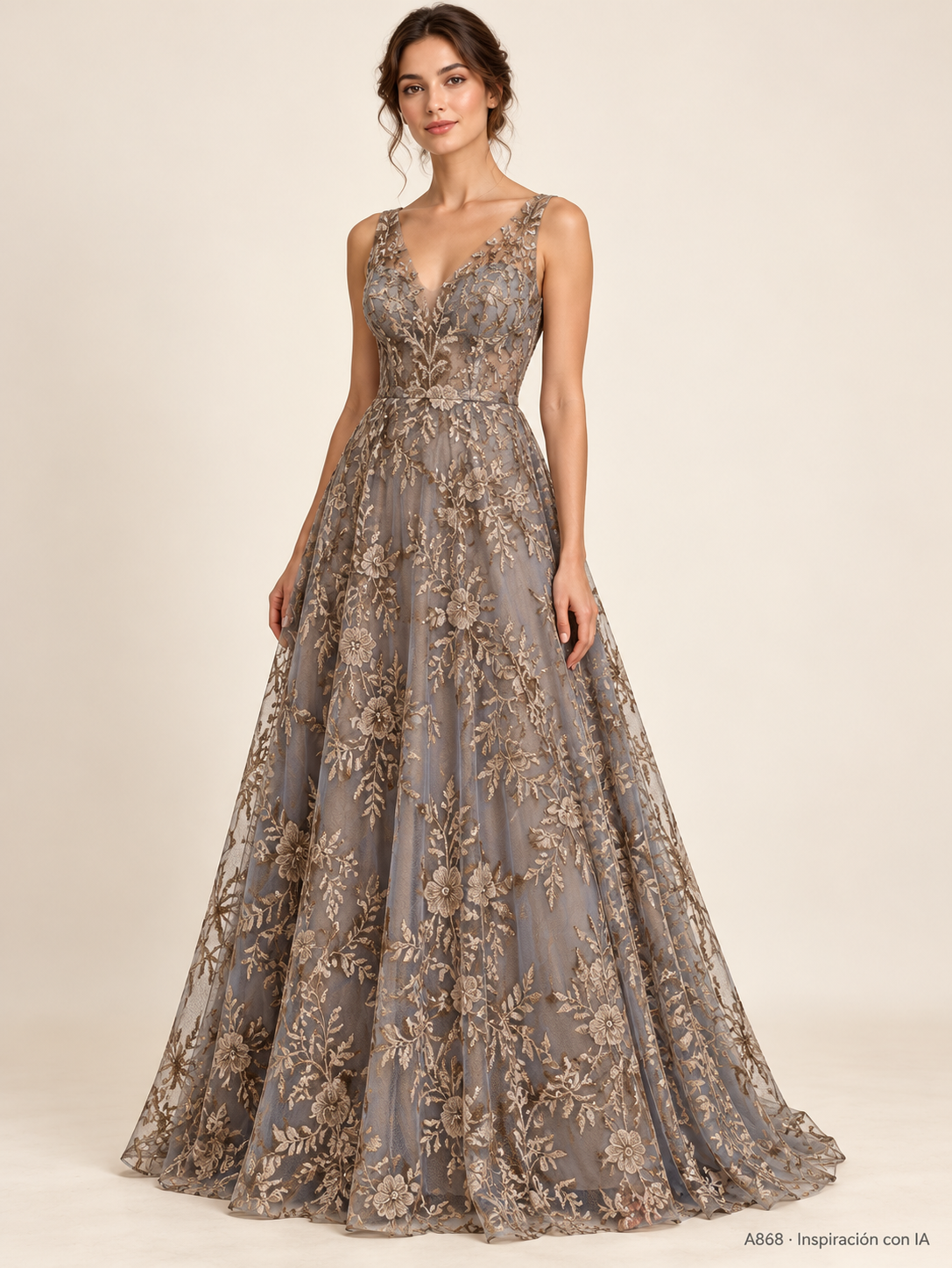 A868 · Inspiración de vestido generada con IA. Se vende tela por metro.