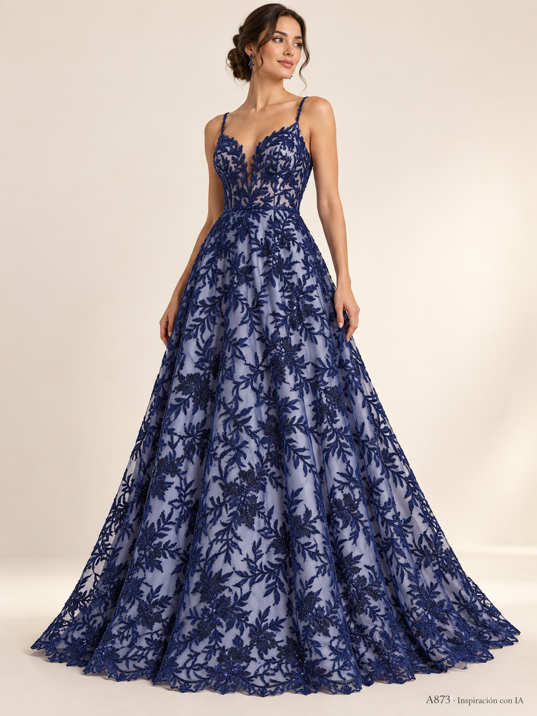 A873 · Inspiración con IA · 7739636121678. Vestido ilustrativo basado en esta tela. Se vende tela por metro.
