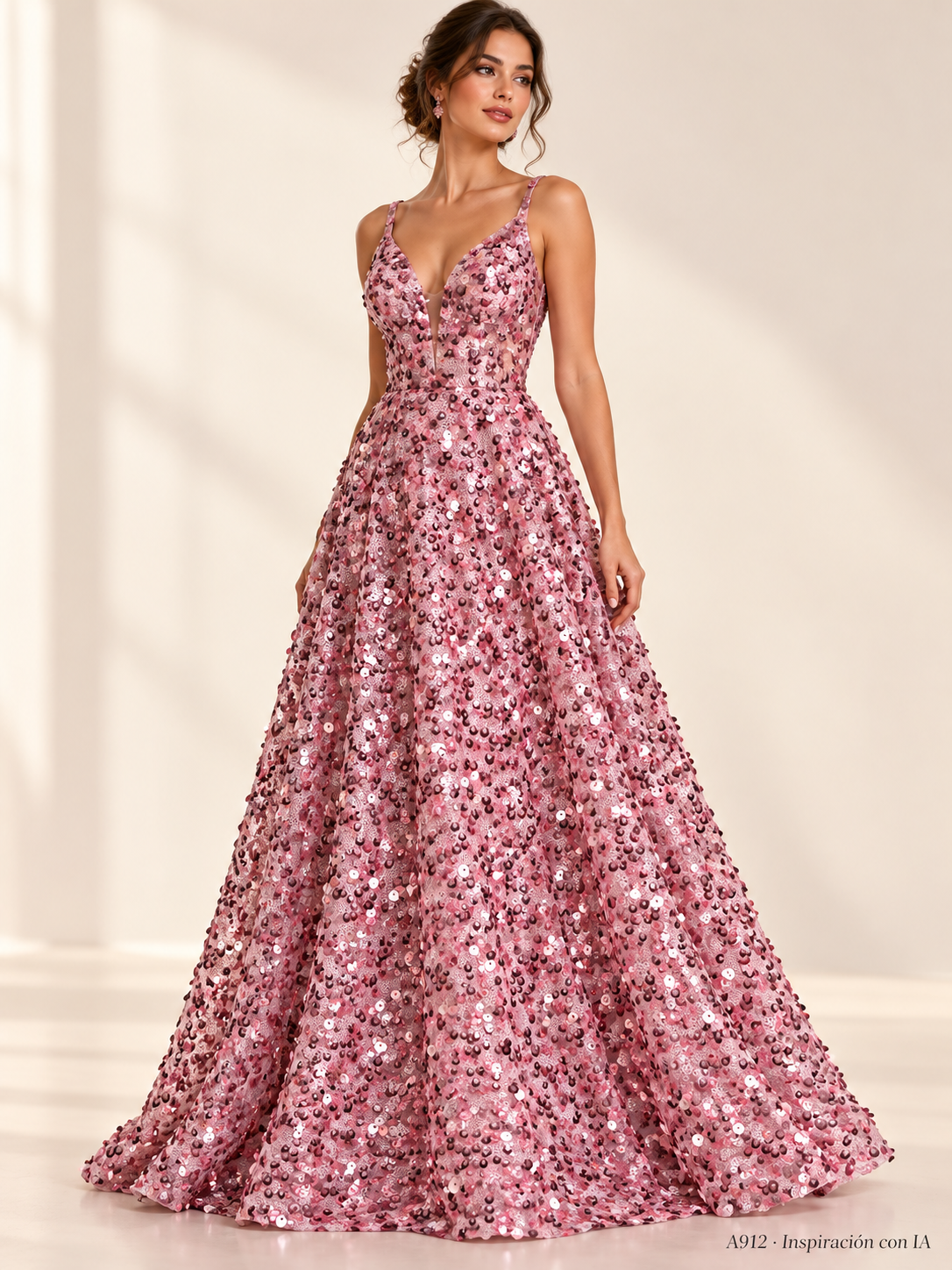 A912 rosa · Inspiración con IA · 7727454158926. Ilustración de vestido basada en la fotografía de esta tela. Se vende tela por metro.