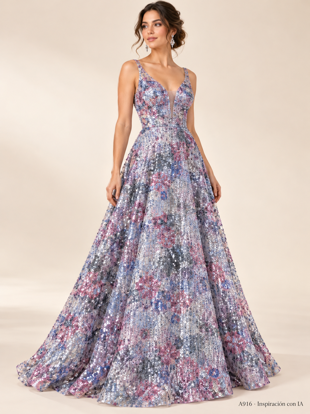A916 rosa gris · Inspiración con IA · 7729818992718. Ilustración de vestido basada en la fotografía de esta tela. Se vende tela por metro.