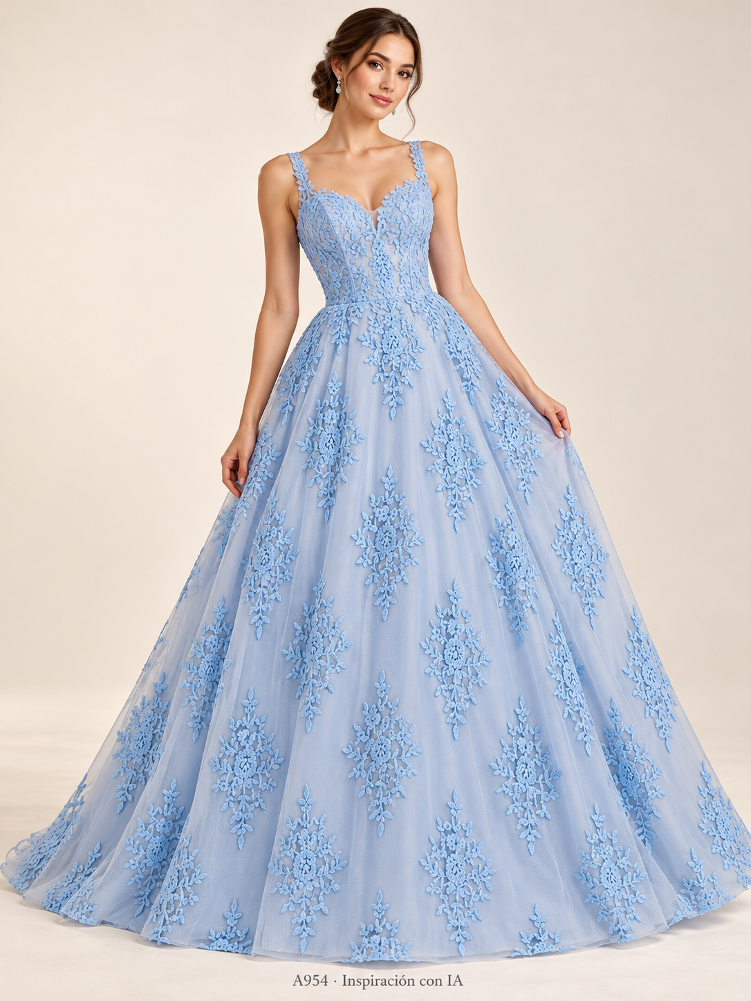 A954 · Inspiración de vestido generada con IA basada en esta tela. Se vende tela por metro.