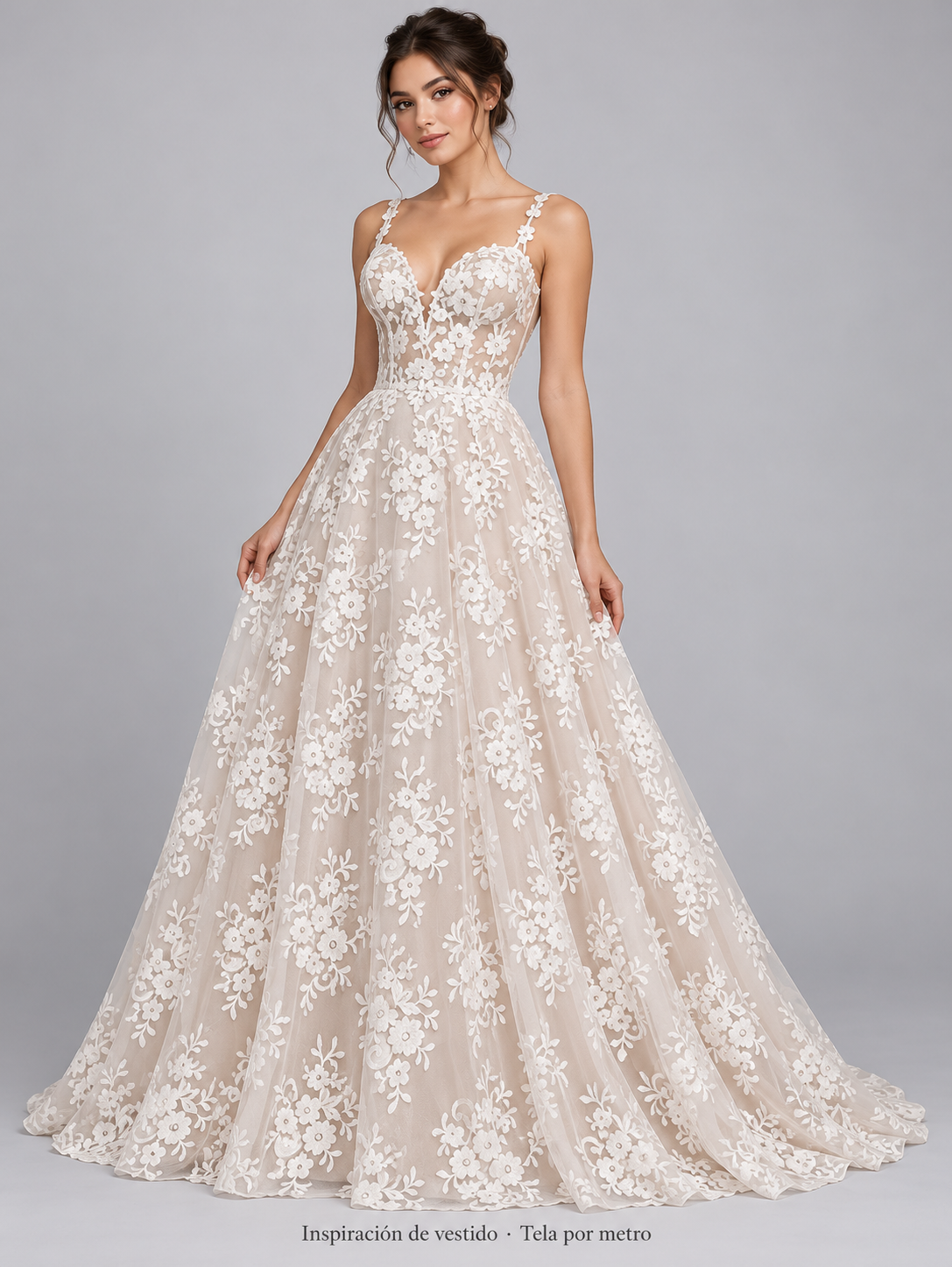 A955 hueso · Inspiración de vestido generada con IA. Se vende tela por metro.