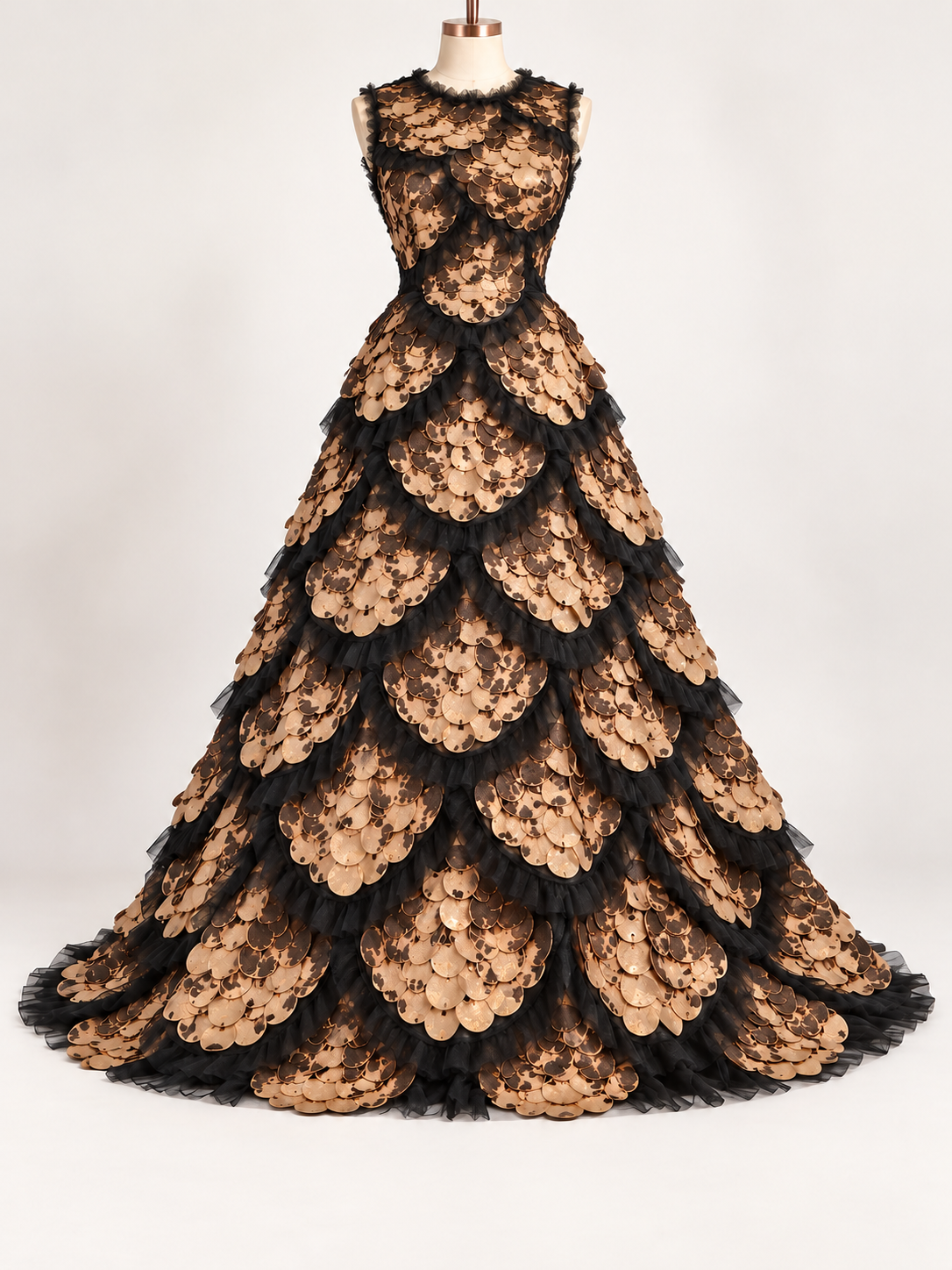 Vestido ilustrativo generado con IA — Tul bordado color cobre A610, ideal para vestidos de noche de boda y de XV años — cobre