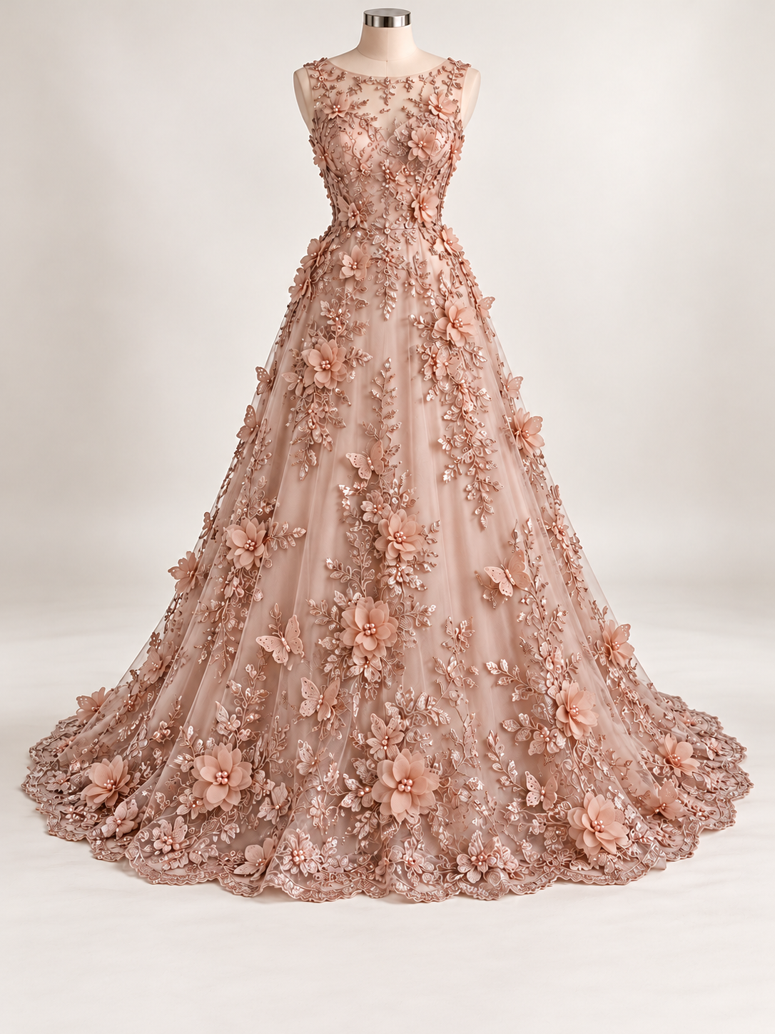 Vestido ilustrativo generado con IA — Tul Bordado Con Perlas, Lentejuelas, Mariposas y Flores 3D - HH275 — Blush