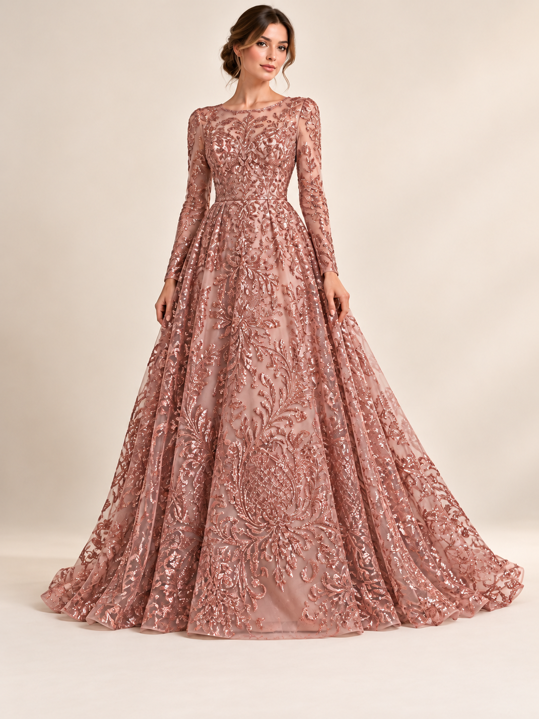 Vestido ilustrativo generado con IA — Tul Bordado Con Estampado Glitter Color Coral- HH239 ideal para vestidos de noche y de XV años — Coral