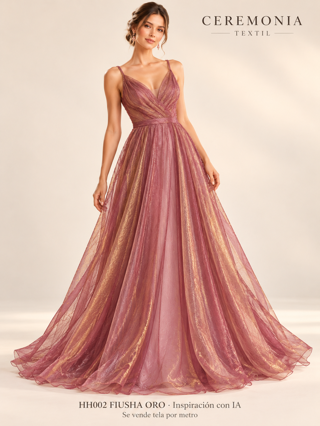 HH2 FIUSHA ORO: vestido ilustrativo generado con IA a partir de fotografía real. Se vende tela por metro.