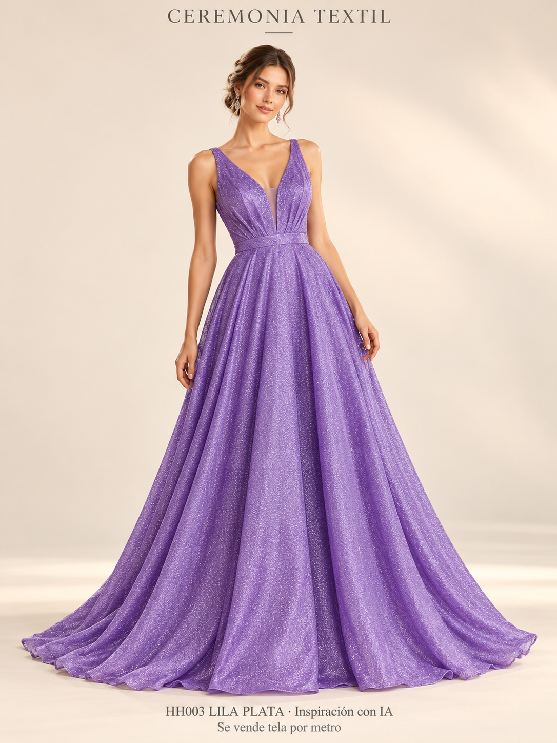 HH3 LILA PLATA: vestido ilustrativo generado con IA a partir de fotografía real. Se vende tela por metro.