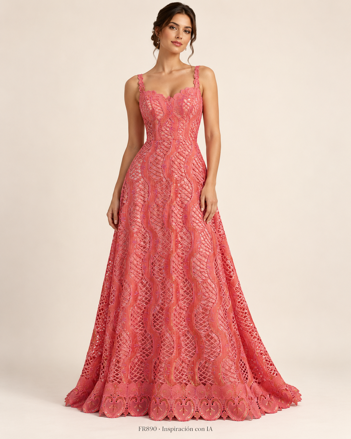 FR890 CORAL: vestido de inspiración generado con IA; diseño ilustrativo. Se vende tela por metro.