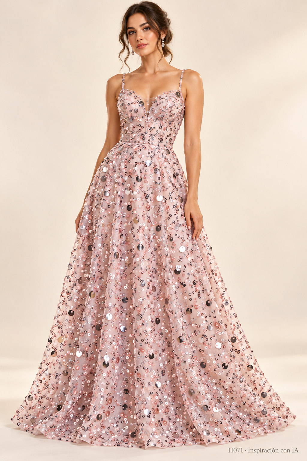 H071 rosa, · Inspiración con IA · 7732426047566. Ilustración de vestido basada en la fotografía de esta tela. Se vende tela por metro.