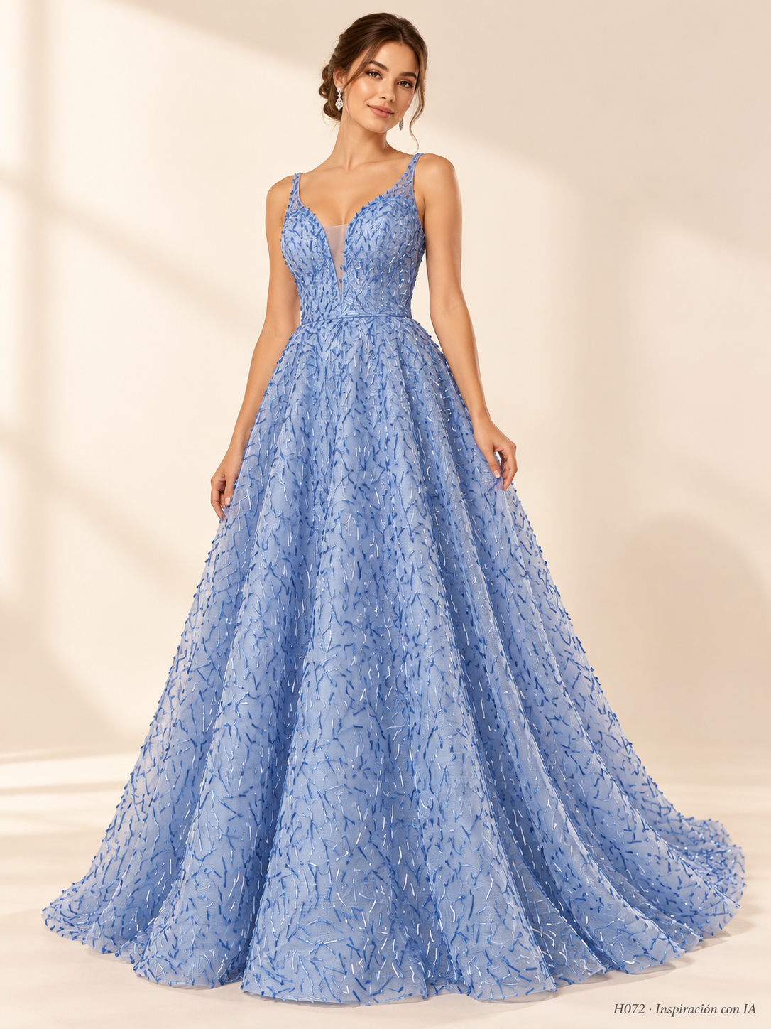 H072 · Inspiración de vestido generada con IA basada en esta tela. Se vende tela por metro.