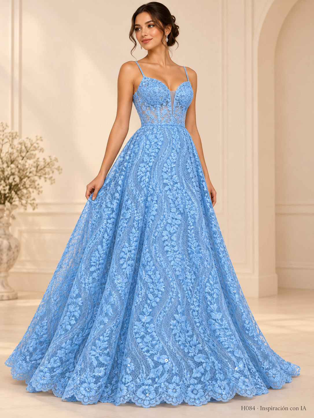 H084 · Inspiración de vestido generada con IA basada en esta tela. Se vende tela por metro.