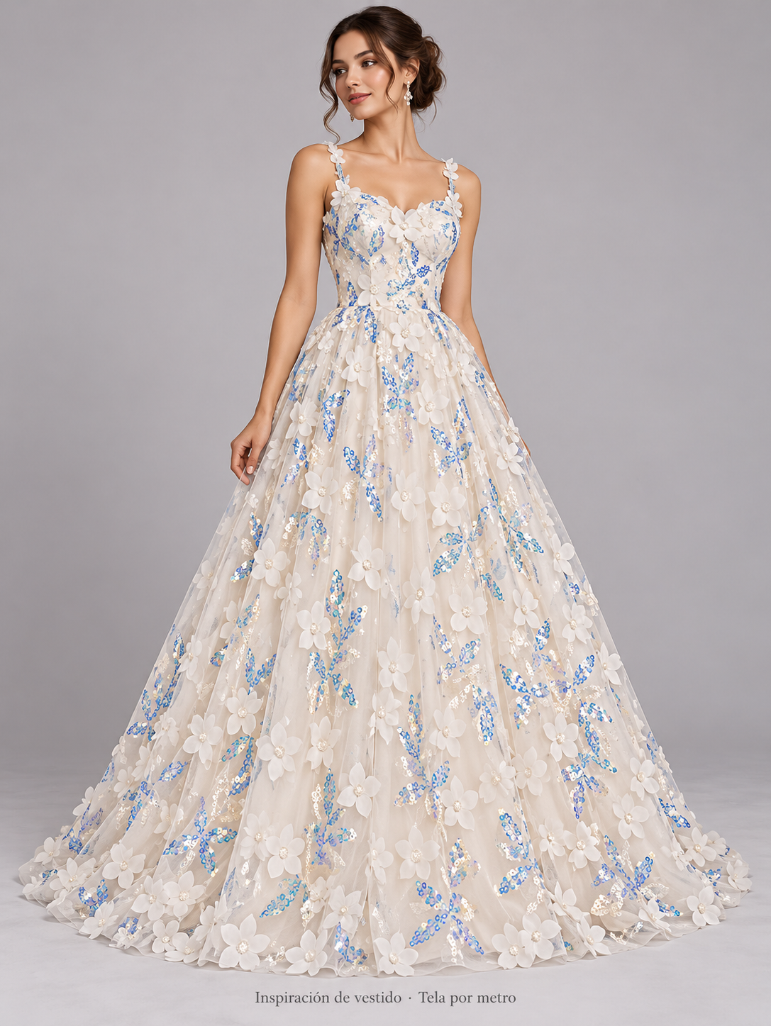 H103 hueso · Inspiración de vestido generada con IA. Se vende tela por metro.