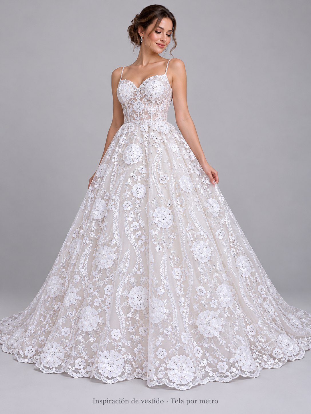H104 blanco · Inspiración de vestido generada con IA. Se vende tela por metro.